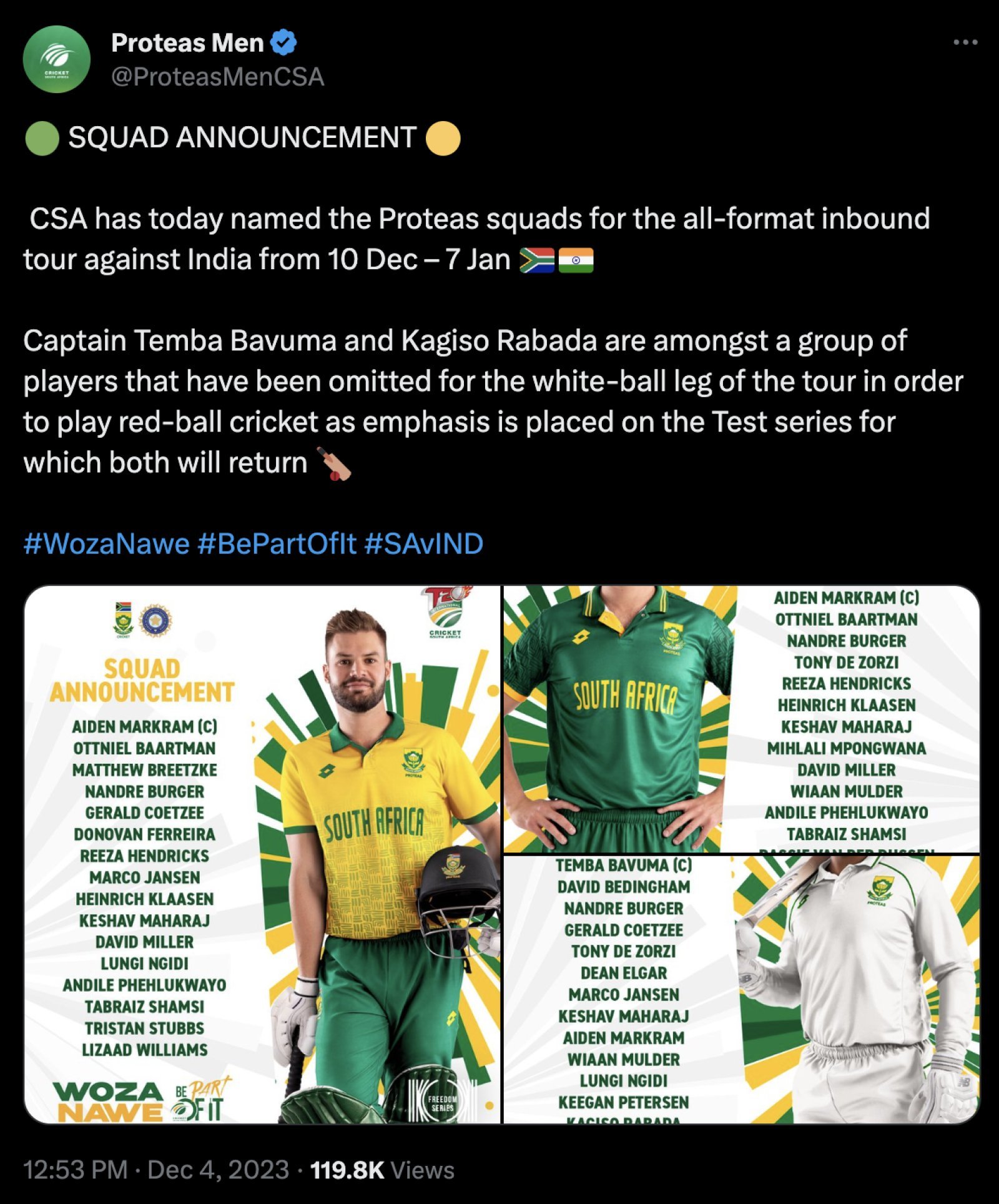 South African team announced for T20, ODI and Test series against India