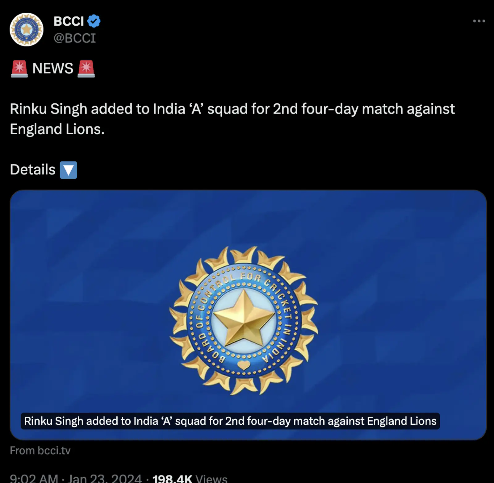 BCCI's big gift to Rinku Singh, will play second test against England Lions