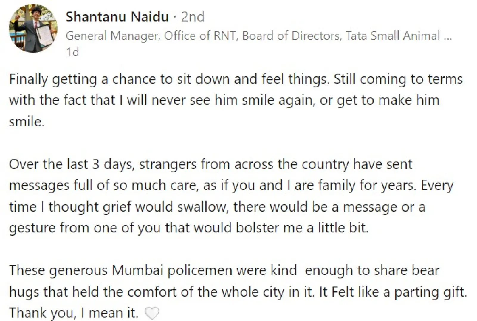 'I will never be able to see him smile,' Shantanu Naidu made an emotional post after Ratan Tata's death