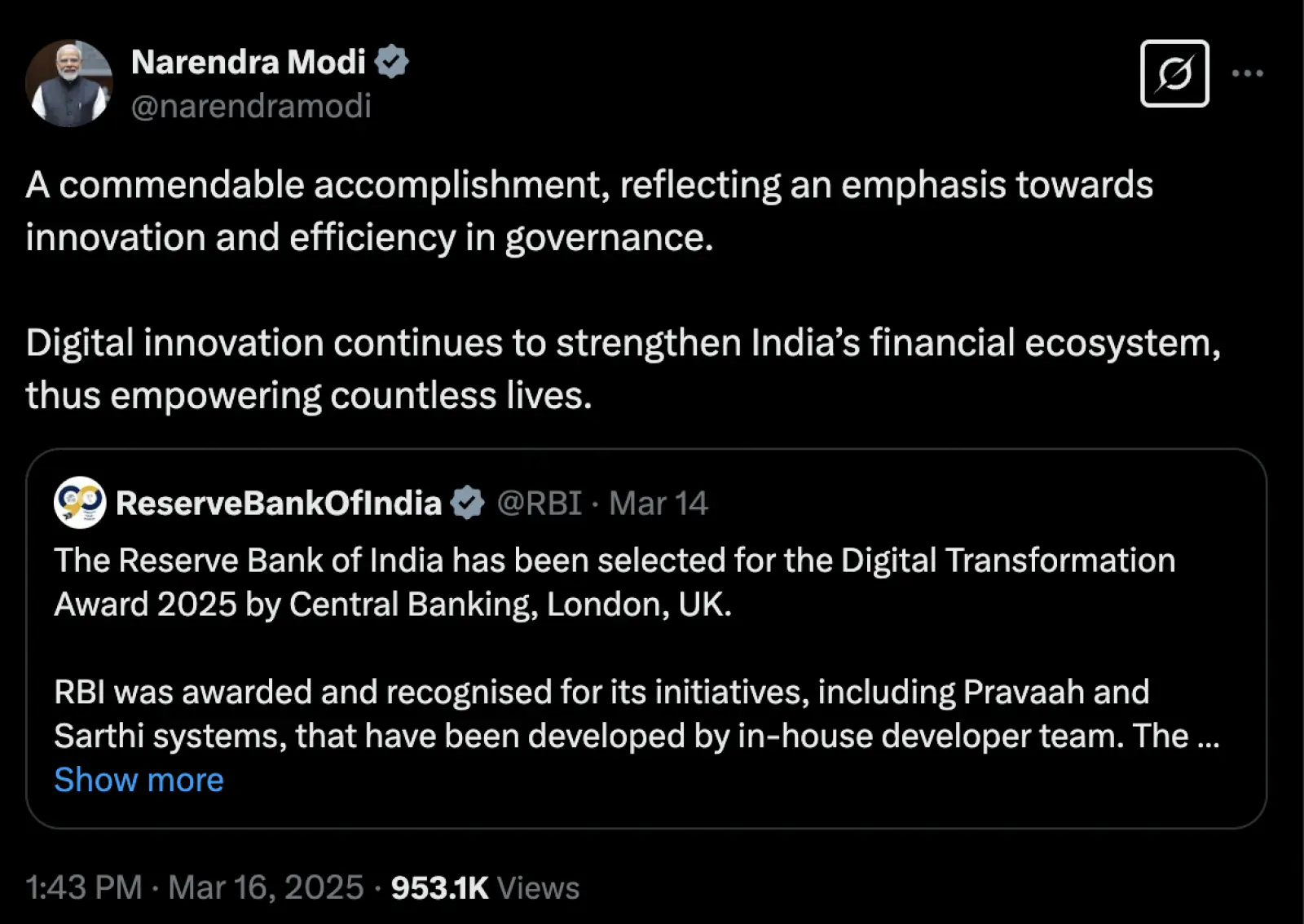 Central Banking, London selected RBI for Digital Transformation Award, PM Modi said - commendable achievement