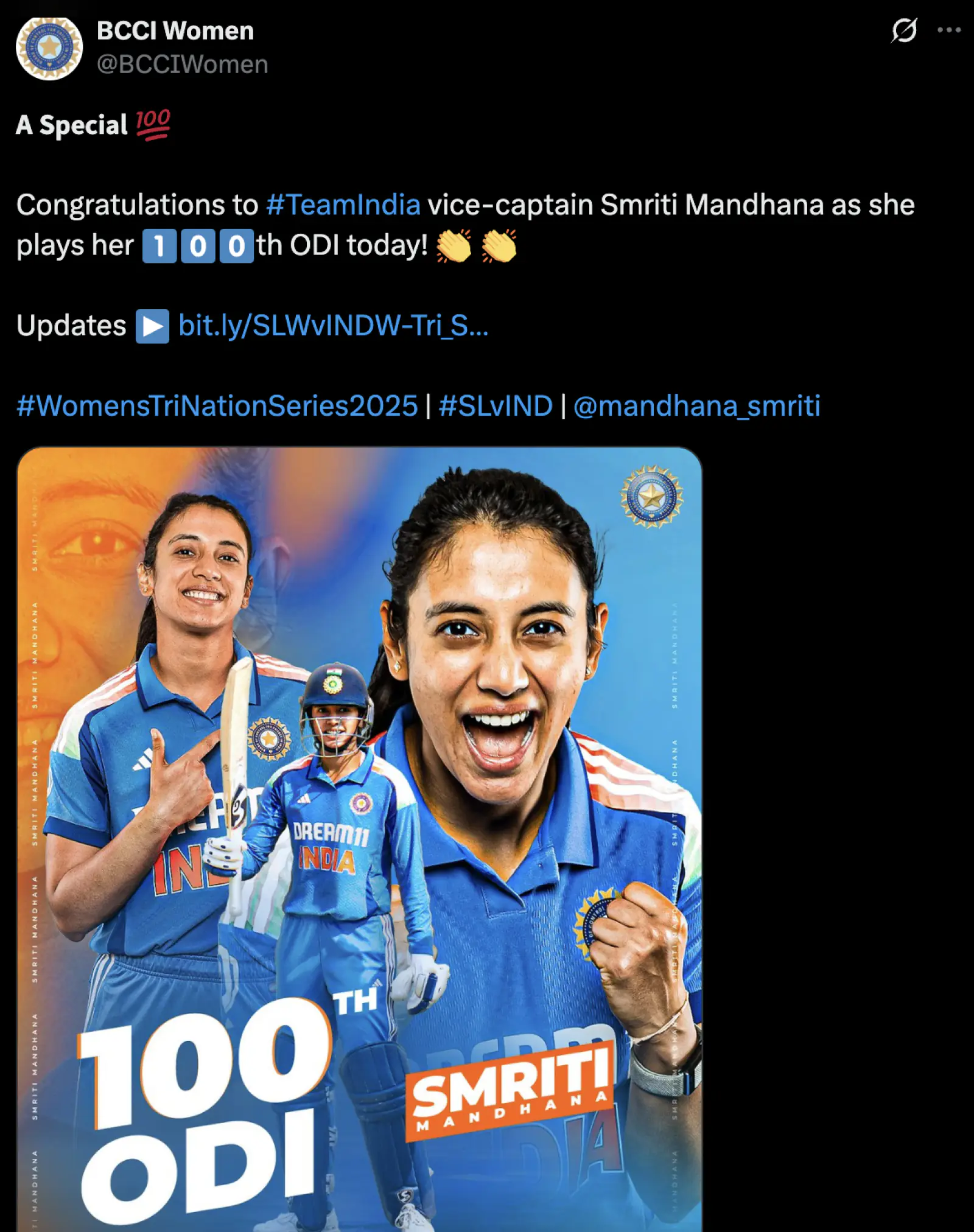 Smriti Mandhana became the 7th Indian player to play 100 women's ODI matches for India