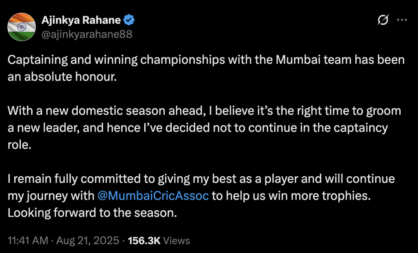 Ajinkya Rahane Steps Down as Mumbai Captain Ahead of Ranji 2025, to Continue as Batsman