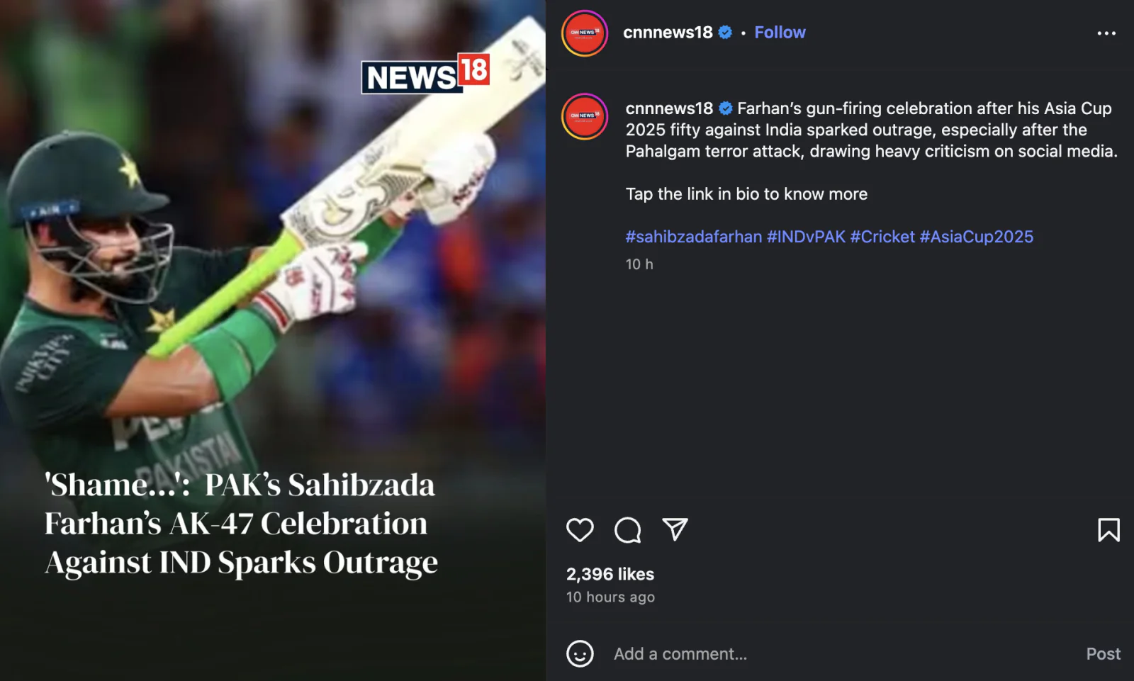 Pakistani opener Sahibzada Farhan's shameful gun celebration provoked an uproar on social media