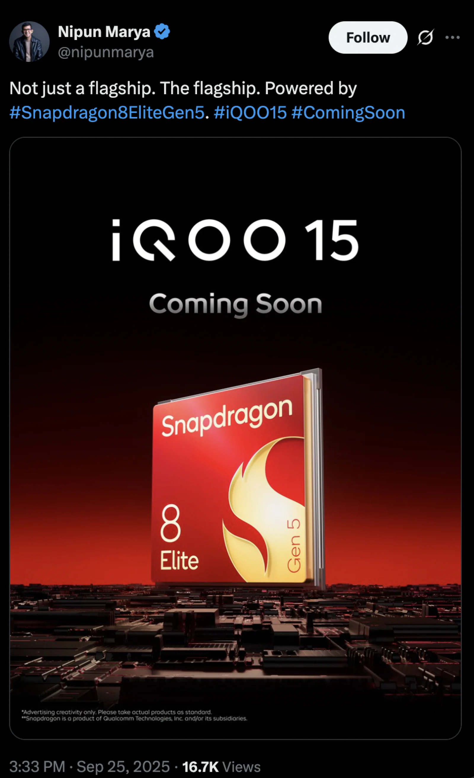 Vivo’s iQOO 15 Packs Snapdragon 8 Elite Gen 5, 7,000mAh Battery, Color-Changing Design