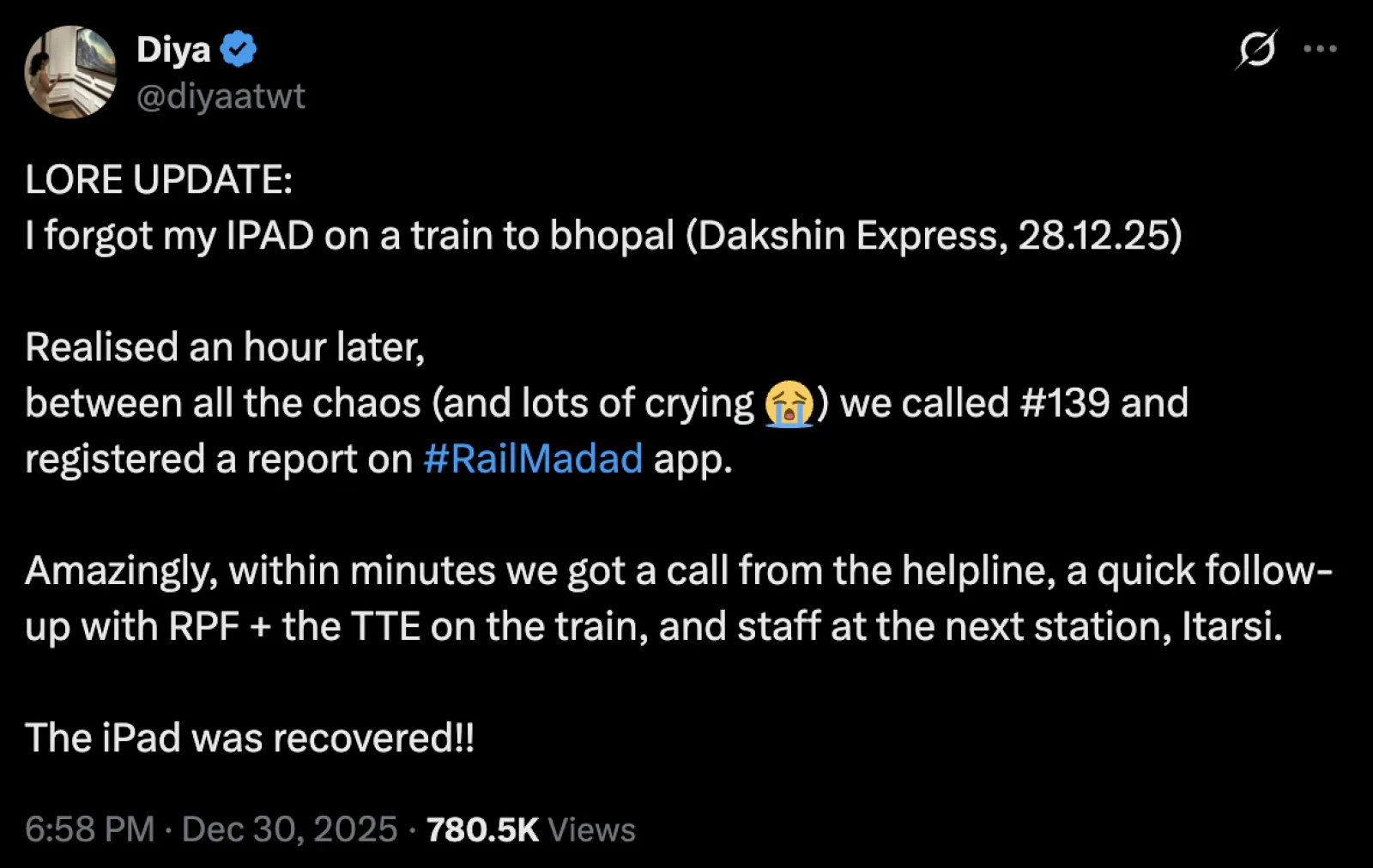 Lost iPad Recovered Within Minutes After Passenger Calls Railway Helpline 139