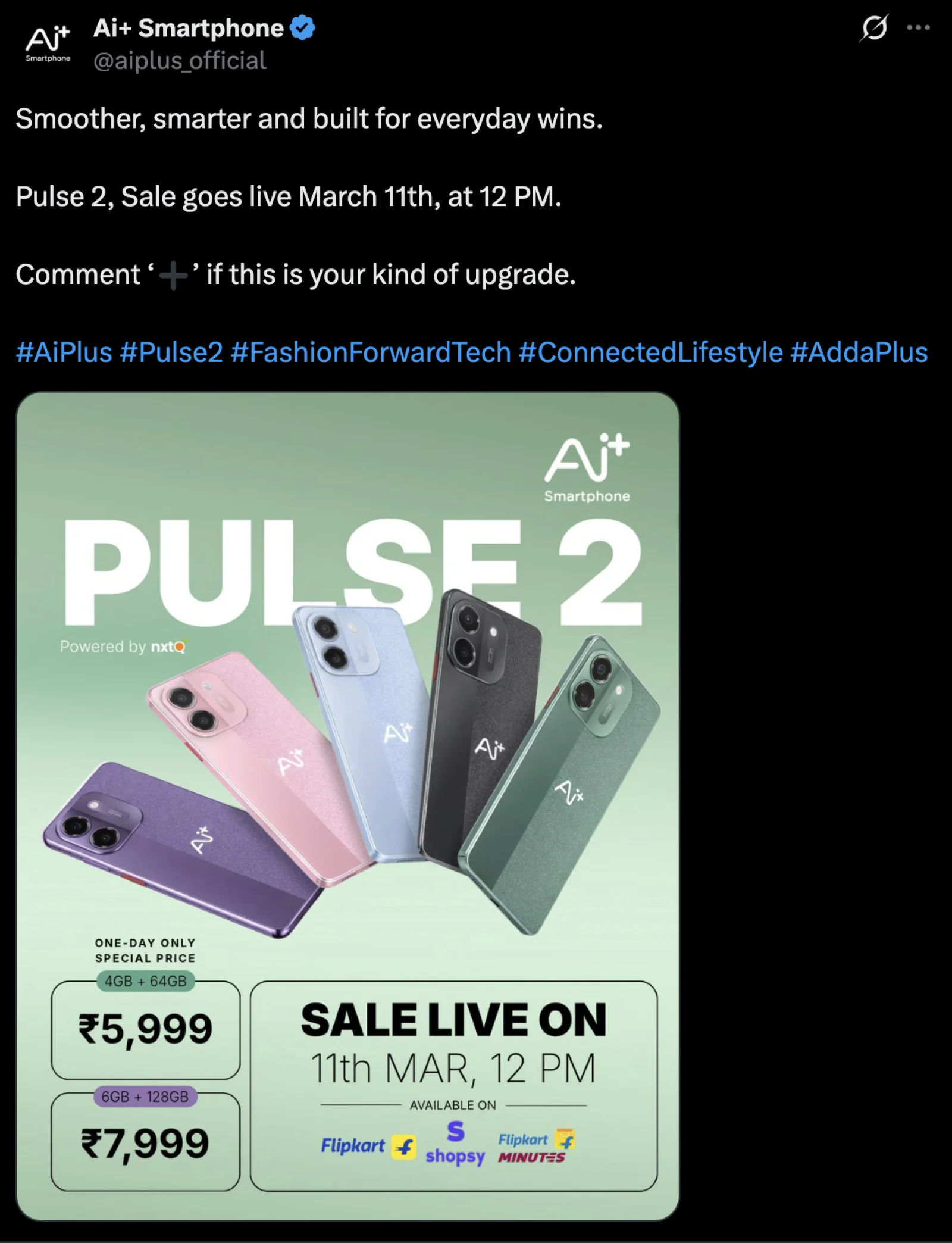 Ai+ Pulse 2 Launched in India at ₹5,999 With 6000mAh Battery, 50MP Camera
