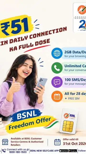 BSNL ₹51 Freedom Offer: Get 2GB Daily Data, Unlimited Calls and 100 SMS for 28 Days